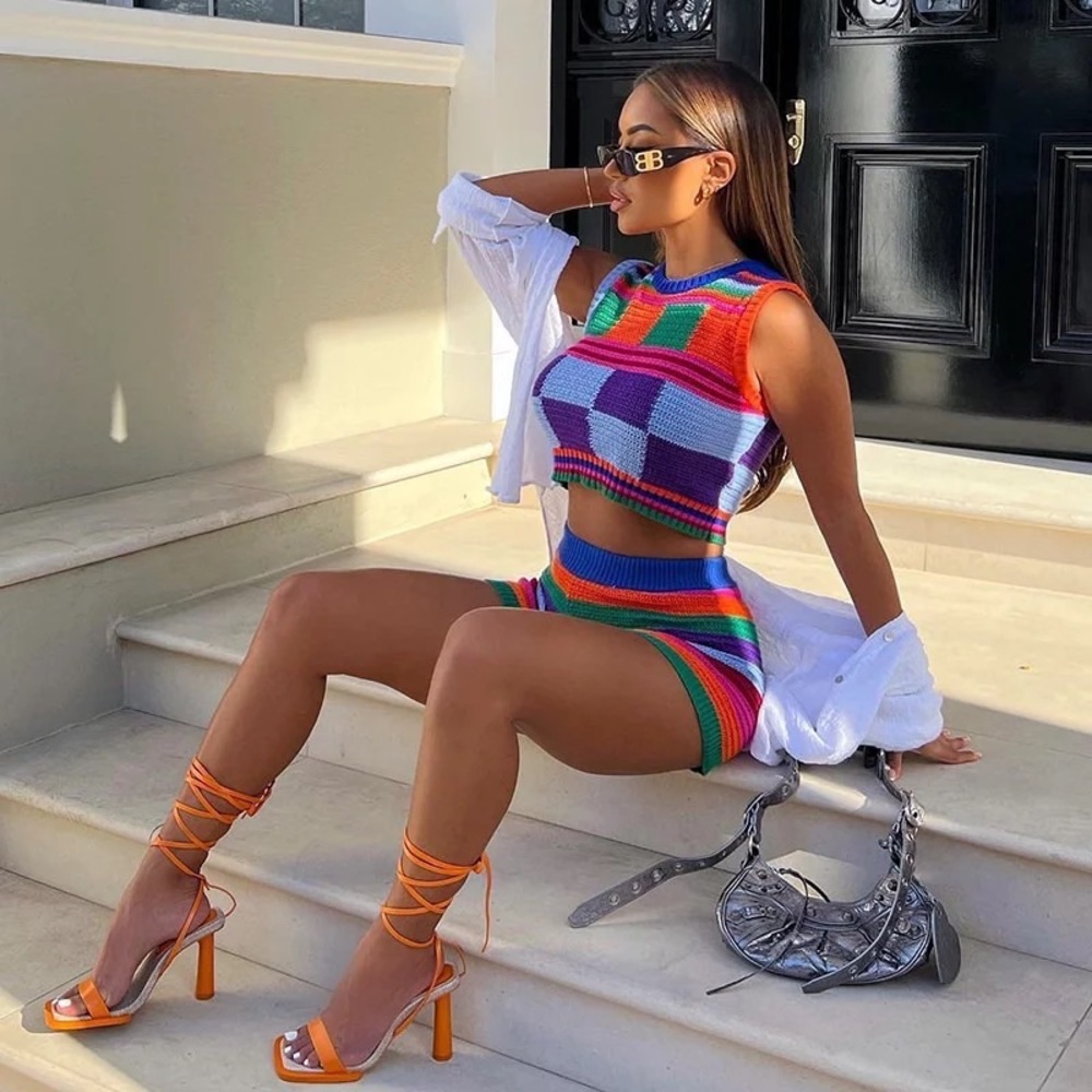 Colorful Patchwork Knitted Shorts Set